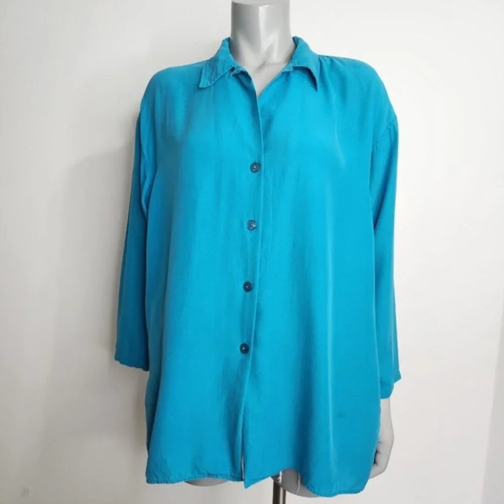 Vintage Expozay Blue Silk Button Down Shirt Size M - Picture 2 of 12